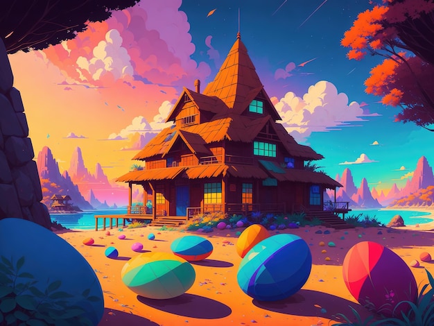 A painting of a house with easter eggs on the ground.