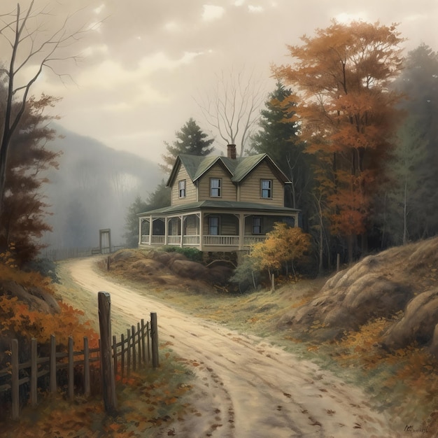 A painting of a house with a fence in the background