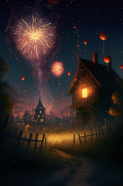 Painting of a house with fireworks in the sky generative ai