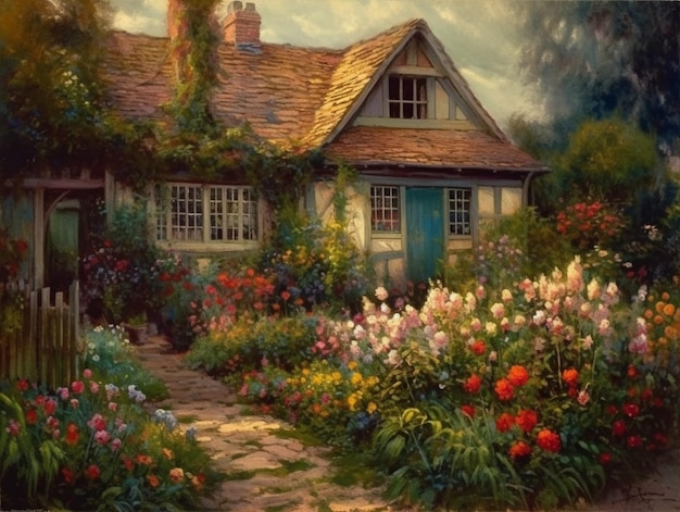 A painting of a house with flowers in the garden.