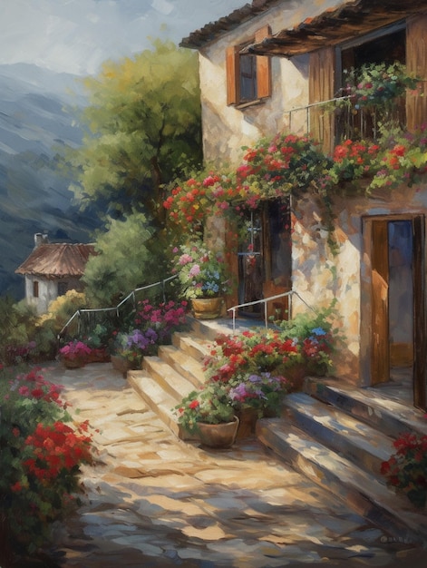 A painting of a house with flowers on the steps