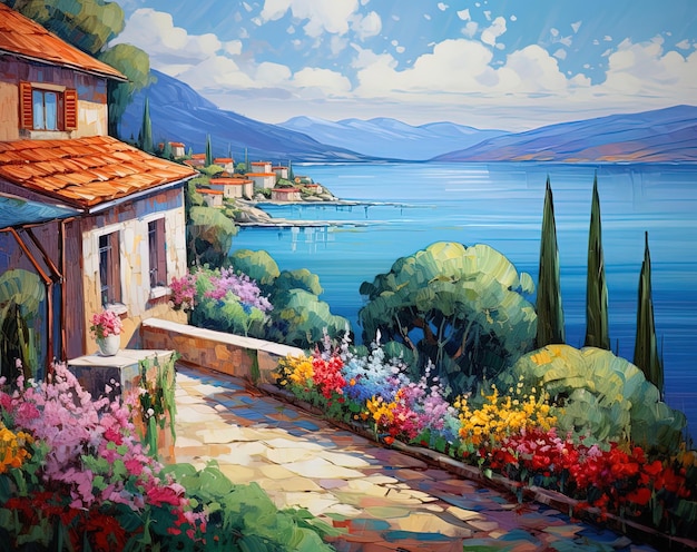 Photo a painting of a house with flowers and water in the background