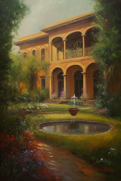 A painting of a house with a fountain in the middle.