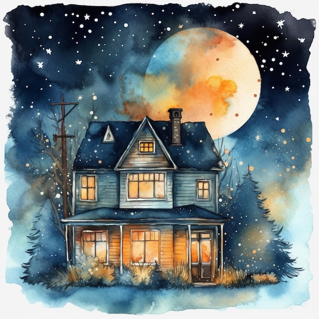 painting of a house with a full moon in the background generative ai