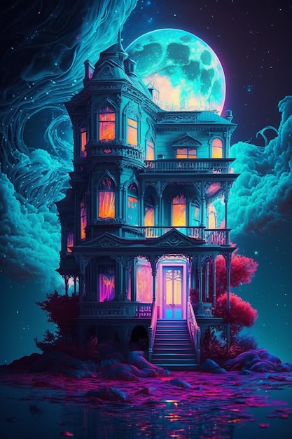 A painting of house with full moon in the background generative ai