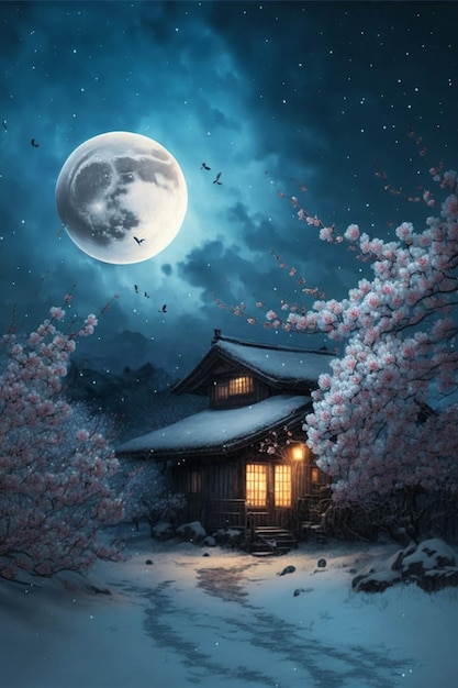 Painting of a house with a full moon in the background generative ai