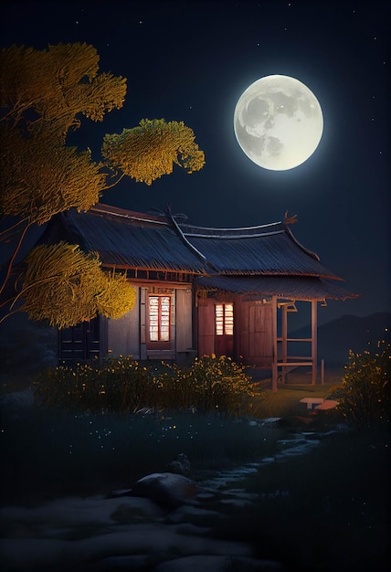 Painting of a house with a full moon in the background generative ai