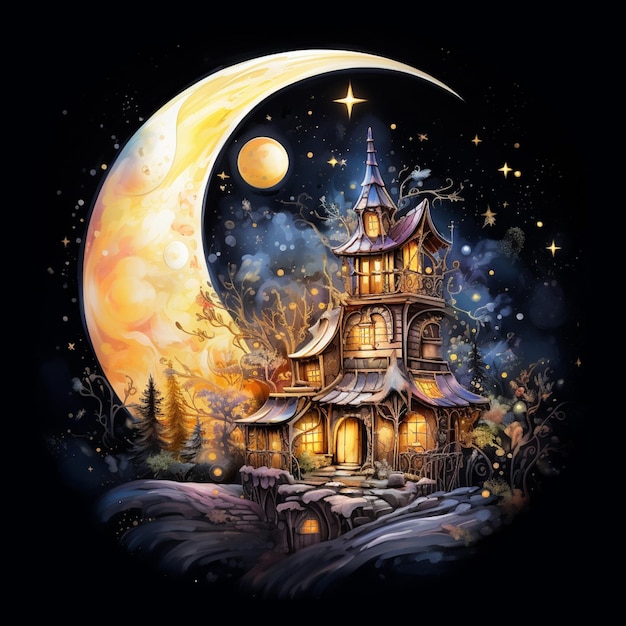 painting of a house with a full moon and a full moon generative ai