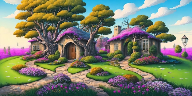 A painting of a house with a garden in the middle.