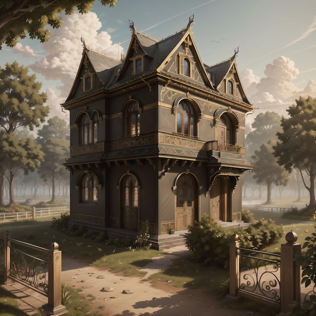 A painting of a house with a gate