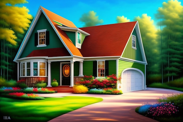 A painting of a house with a green roof and a garage door