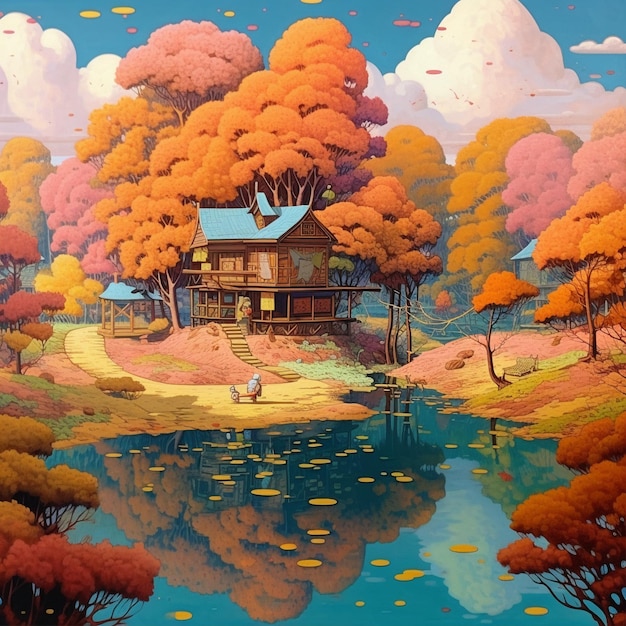 A painting of a house with a lake in the background
