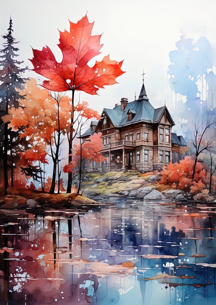 a painting of a house with a lake and trees in the background