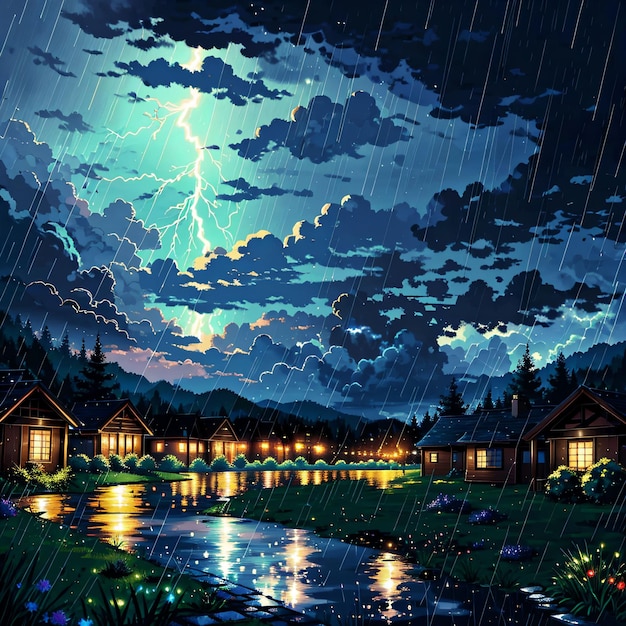 A painting of a house with a lightning strike on the top.