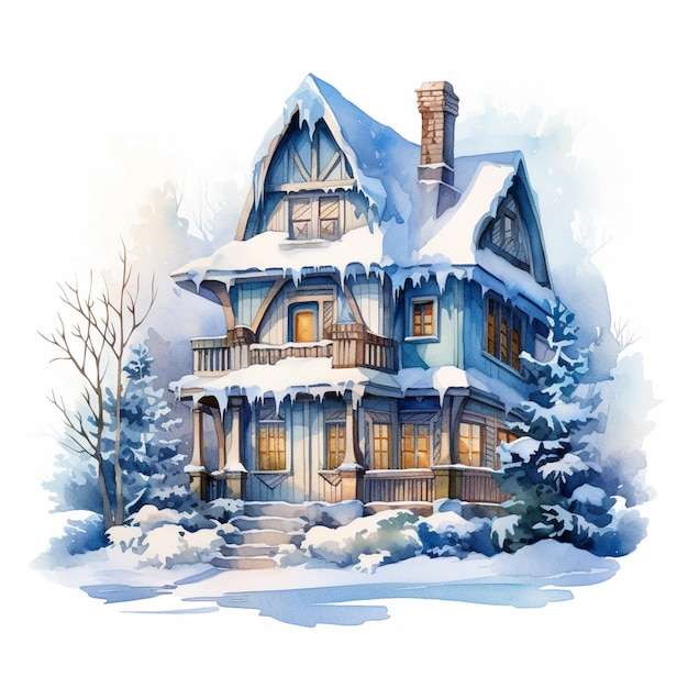 Photo painting of a house with a lot of snow on the roof generative ai