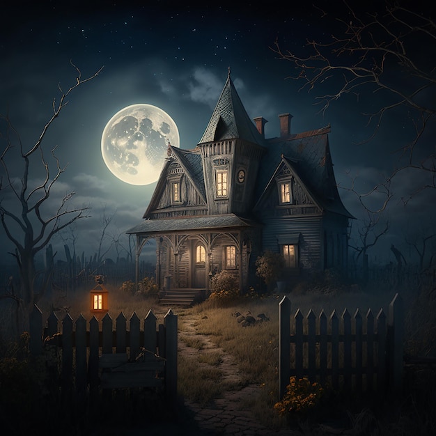 A painting of a house with a moon in the background