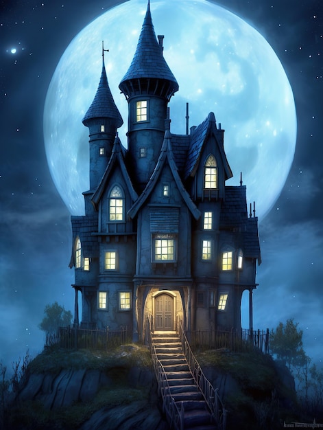 A painting of a house with a moon in the background