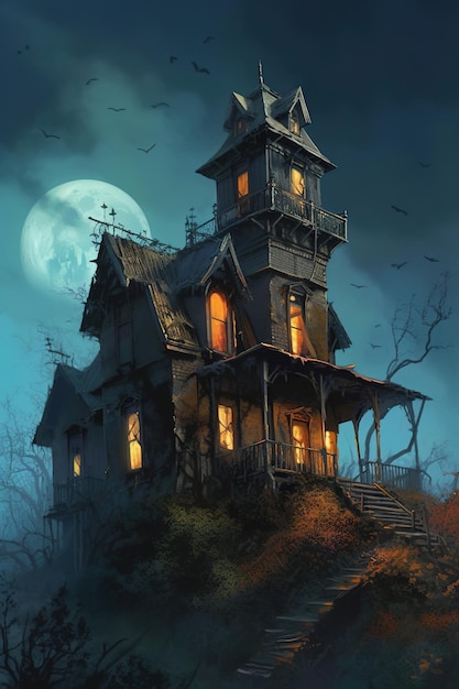 A painting of a house with a moon in the background