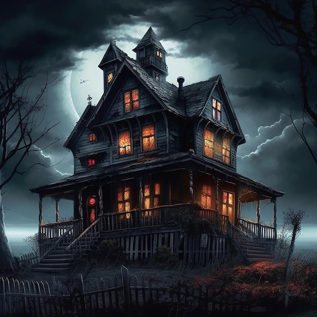 A painting of a house with the moon in the background