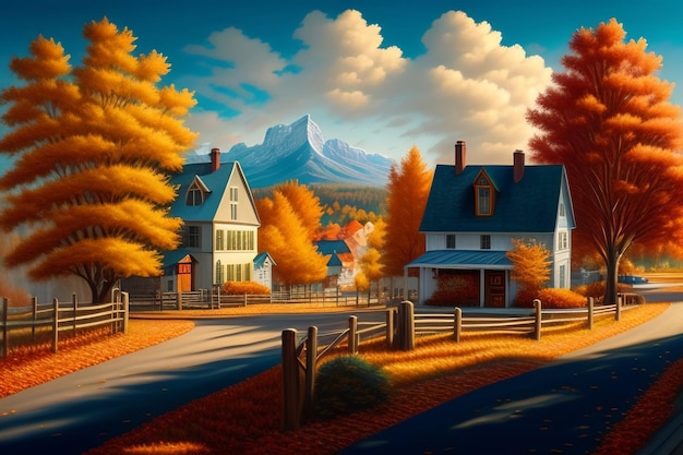 A painting of a house with a mountain in the background