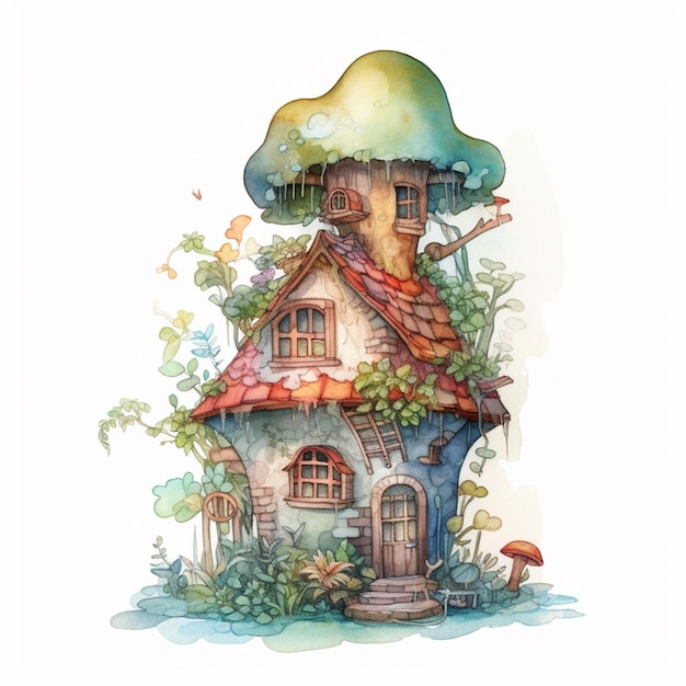 A painting of a house with a mushroom house on it