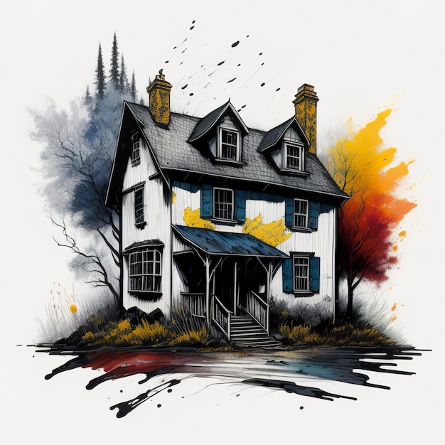 A painting of a house with the name of the house on it