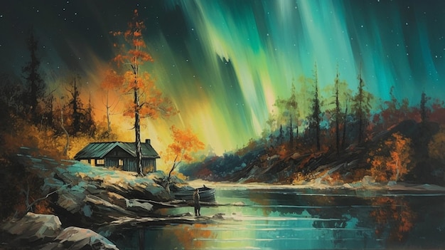 A painting of a house with the northern lights on it.