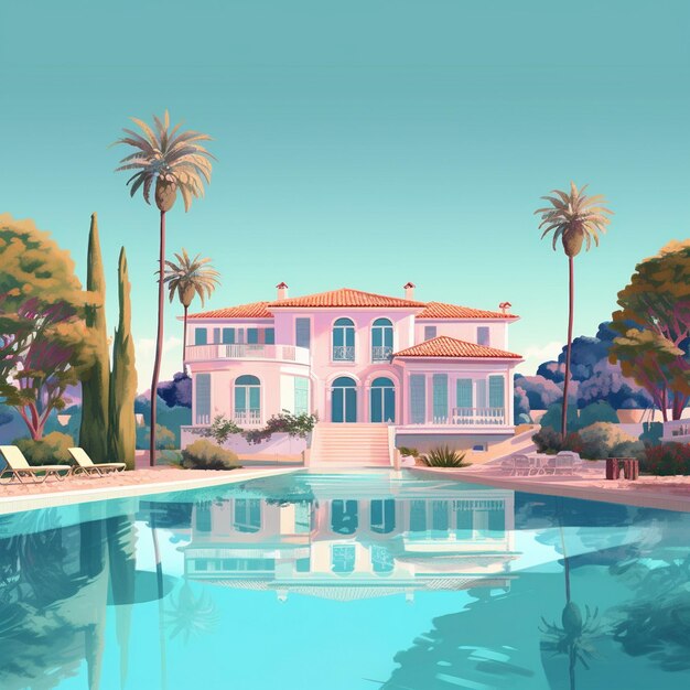 Photo a painting of a house with palm trees and a pool.