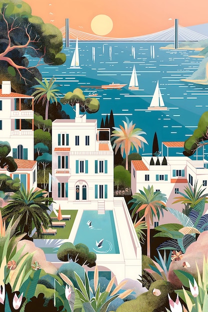 a painting of a house with palm trees and a sailboat in the background