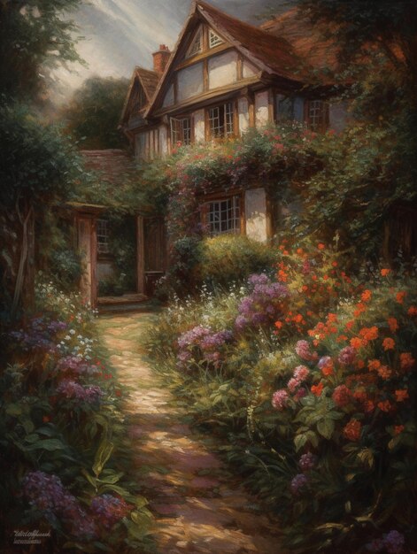 A painting of a house with a path leading to it