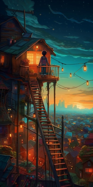A painting of a house with a person on the balcony looking at the city below.