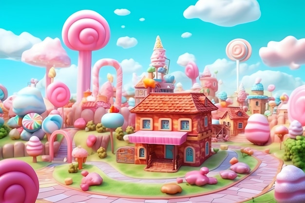 Картина дома с розовой крышей и кондитерским домом на заднем плане.