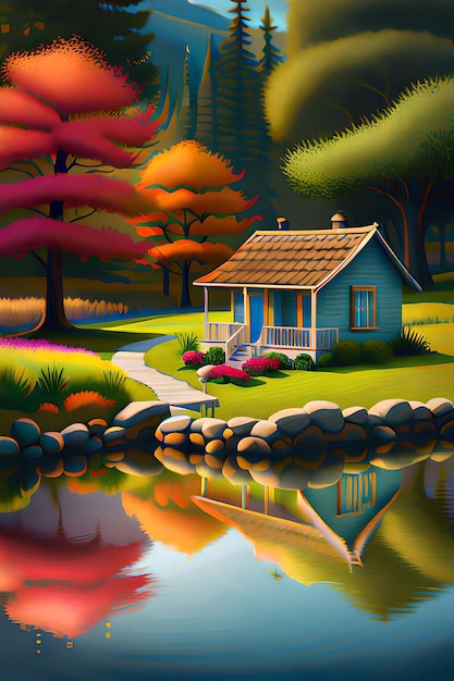 A painting of a house with a pond in the background