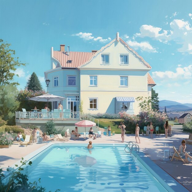a painting of a house with a pool and people sitting around it.