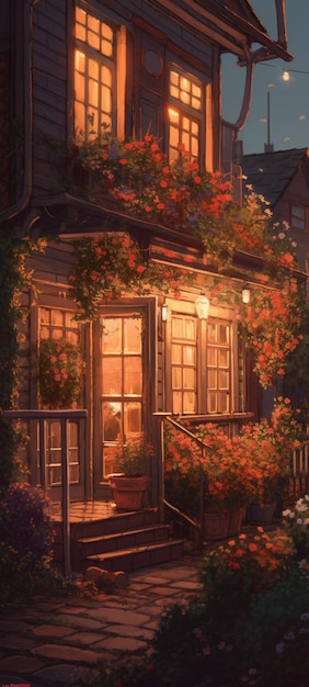 A painting of a house with a porch and flowers on the porch.