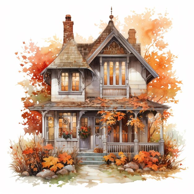 painting of a house with a porch and a porch covered in leaves generative ai