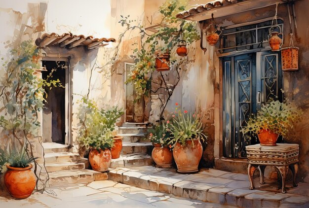 a painting of a house with potted plants and a door that says quot potted quot