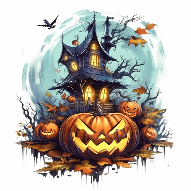 a painting of a house with a pumpkin and a bat generative ai