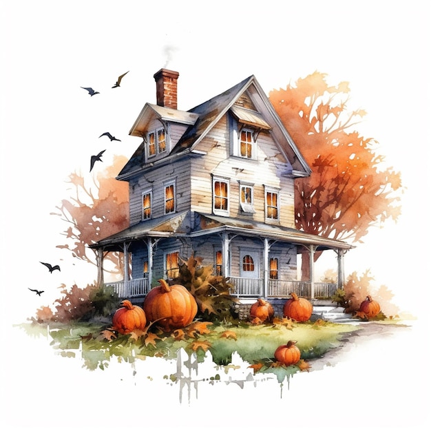 painting of a house with pumpkins and birds flying around generative ai