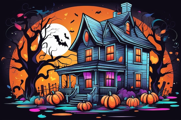 a painting of a house with pumpkins and a full moon in the background.