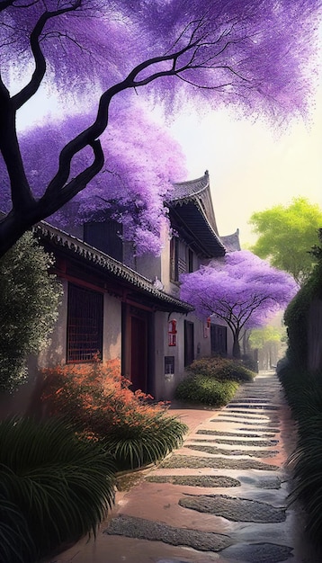 A painting of a house with purple flowers on the side.