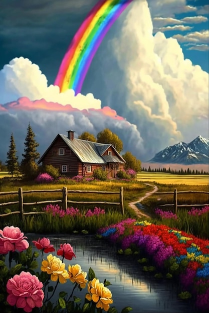 Painting of a house with a rainbow in the sky generative ai