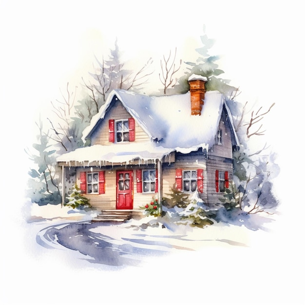 Painting of a house with a red door and a snow covered roof generative ai