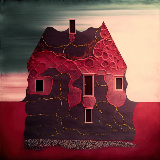 Photo a painting of a house with a red roof and a red roof