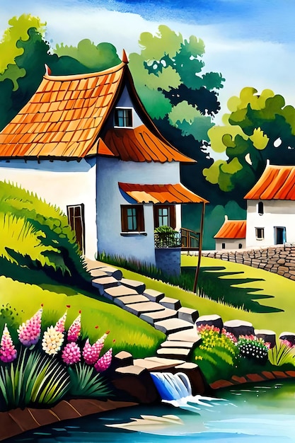 A painting of a house with a red roof and a small garden in front of it