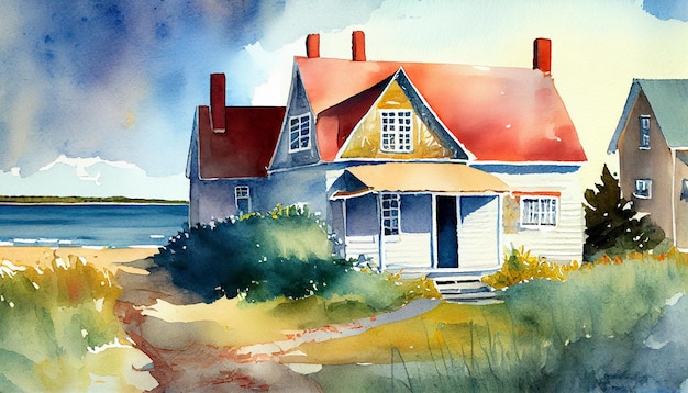 A painting of a house with a red roof