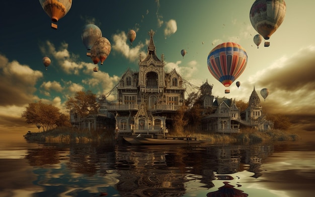 A painting of a house with a sky full of balloons