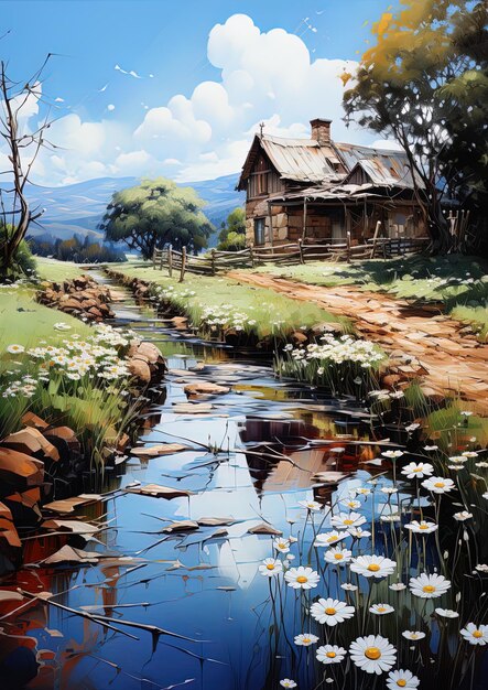 Photo a painting of a house with a stream and flowers in the foreground