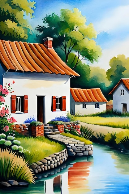 A painting of a house with a stream in the foreground