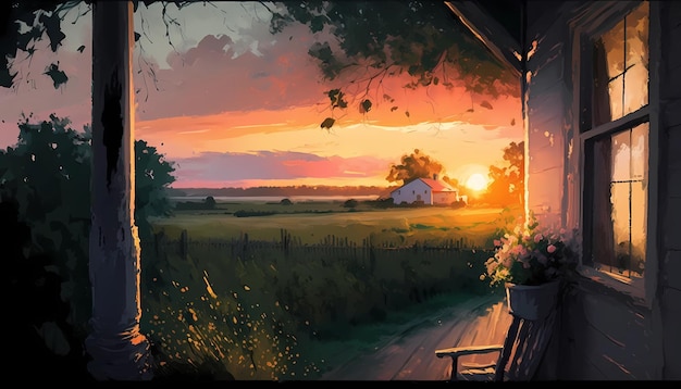 A painting of a house with a sunset in the background